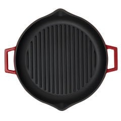 Lava Casting Round Grill Pan Diameter (Ø)30cm. Cast Iron Solid Double Handle - Red