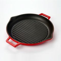 Lava Casting Round Grill Pan Diameter (Ø)30cm. Cast Iron Solid Double Handle - Red