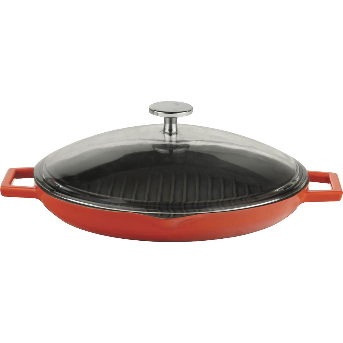 Lava Casting Round Grill Pan with Glass Lid Diameter (Ø)30cm. Cast Iron Solid Double Handle - Red