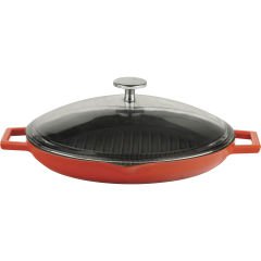 Lava Casting Round Grill Pan with Glass Lid Diameter (Ø)30cm. Cast Iron Solid Double Handle - Red