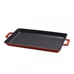 Lava Cast Rectangular Grill Pan Size 26x45cm. Cast Iron Solid Double Handle - Red