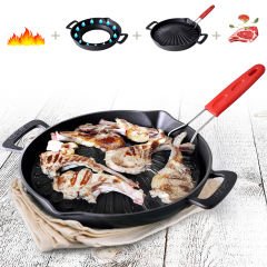 Lava Döküm Yuvarlak Grill Izgara Tavası Çap(Ø)32cm. Genghis Khan Serisi Çift Kulp ve Silikon Tel Saplı