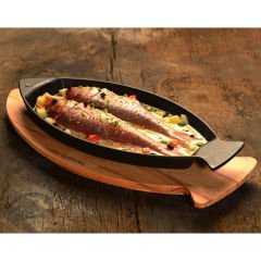 Lava Cast Fish Pan Size 20x32cm. Beech Serving Wood with Cast Iron Solid Handle