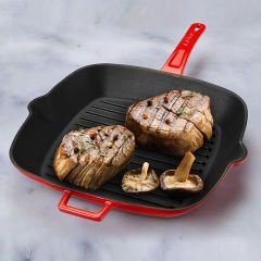 Quadratische Lava-Grillpfanne aus Gusseisen, Größe 28 x 28 cm. Massiver Griff aus Gusseisen – Grün