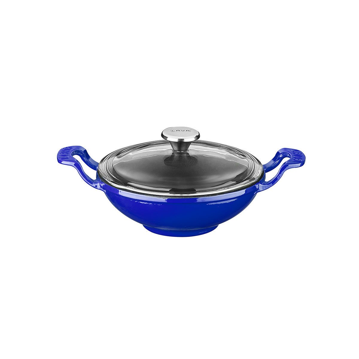 Lava Döküm Mini Wok  Çap(Ø)16cm.  Yekpare Kulplu Cam Kapaklı - Mavi