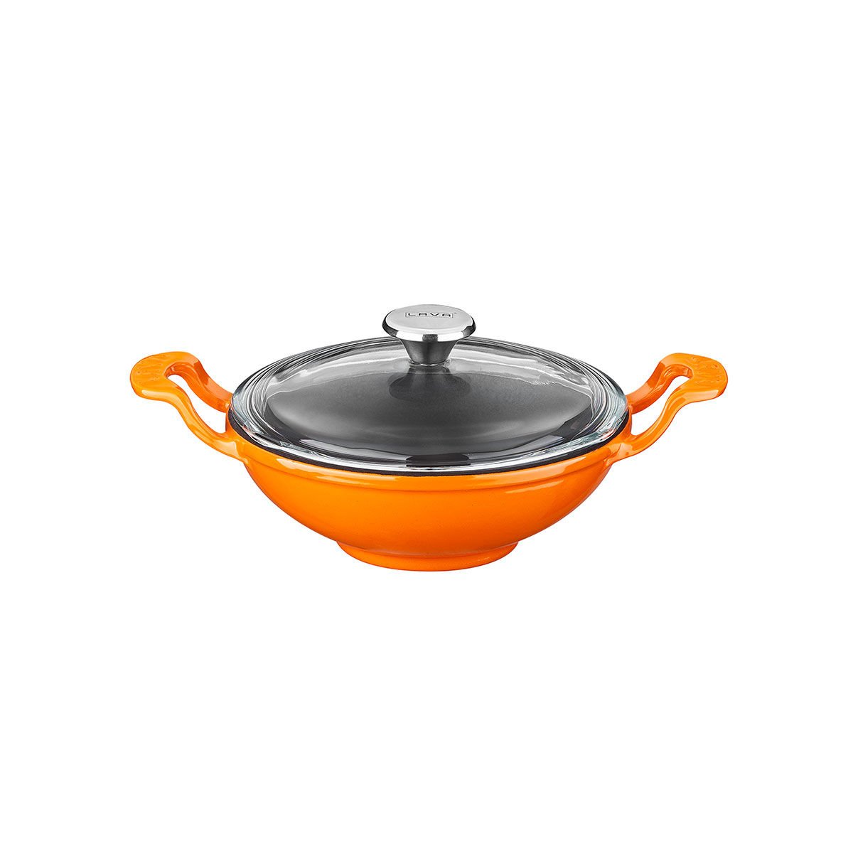 Lava Döküm Mini Wok Çap(Ø)16cm. Yekpare Kulplu Cam Kapaklı - Turuncu