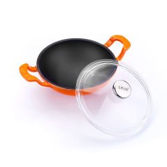 Lava Döküm Mini Wok Çap(Ø)16cm. Yekpare Kulplu Cam Kapaklı - Turuncu