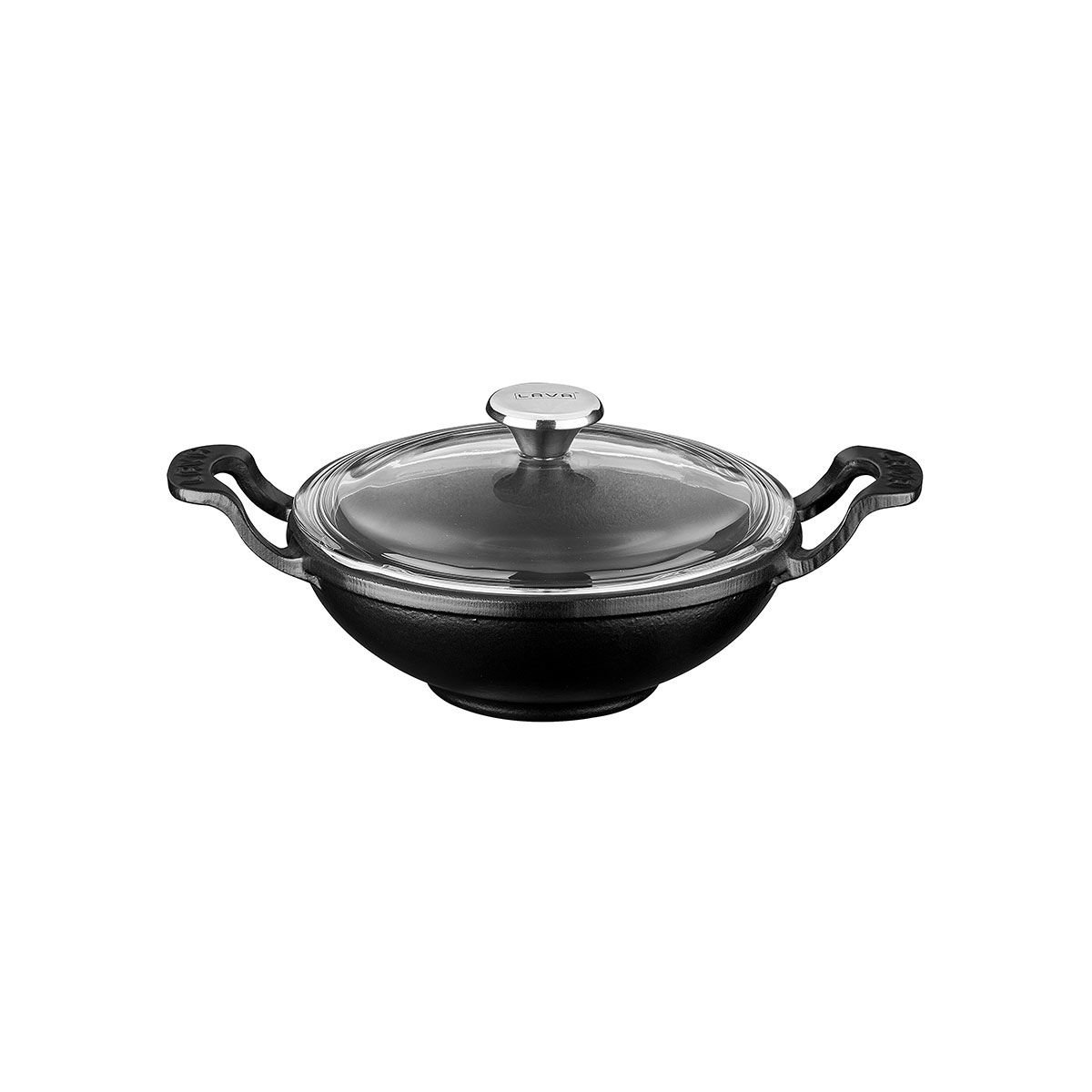 Mini-Wok aus Lava-Gusseisen, Durchmesser (Ø) 16 cm. Massiver Griff mit Glasdeckel – Schwarz