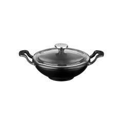 Mini-Wok aus Lava-Gusseisen, Durchmesser (Ø) 16 cm. Massiver Griff mit Glasdeckel – Schwarz