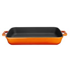 Lava Cast Rectangular Roast and Oven Tray Size 26x40cm. Cast Iron Solid Double Handle - Orange