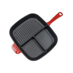 Lava Cast Iron Rectangular 3 Section Grill Pan Cast Iron Monolithic Handle Size: 26x30 cm. - Red