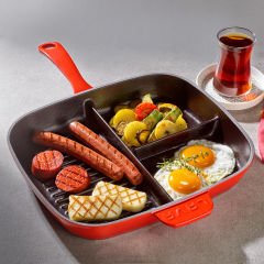 Lava Cast Iron Rectangular 3 Section Grill Pan Cast Iron Monolithic Handle Size: 26x30 cm. - Red