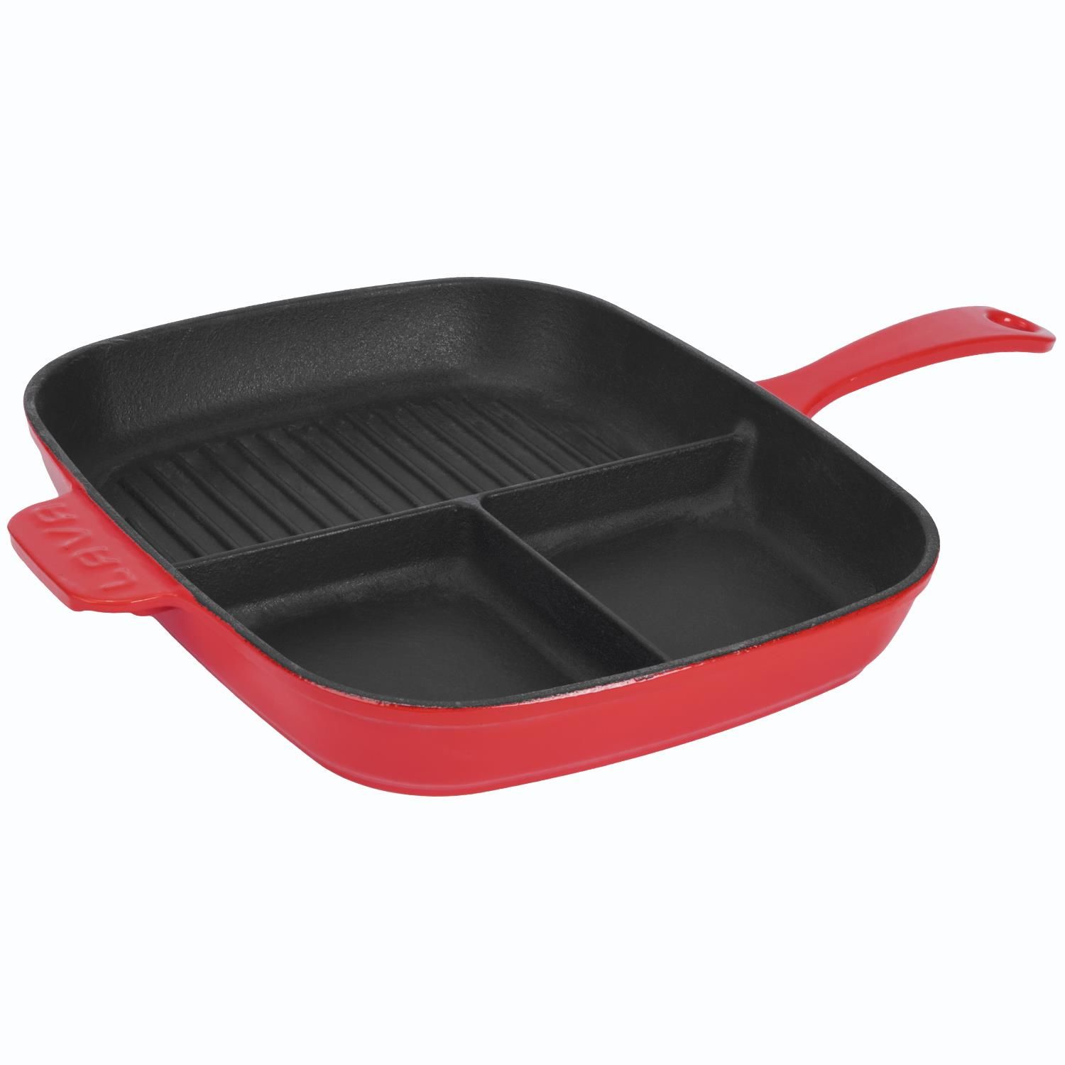 Lava Cast Iron Rectangular 3 Section Grill Pan Cast Iron Monolithic Handle Size: 26x30 cm. - Red