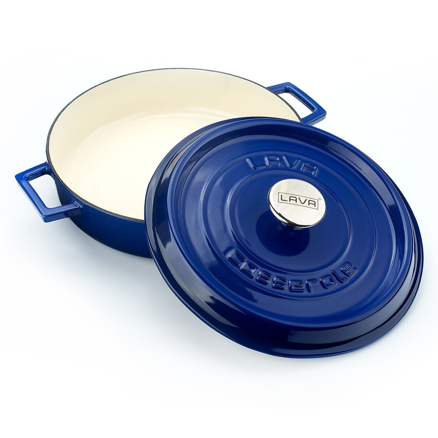 Lava Casting Multi-Purpose Flat Pot (Ø)28 cm. Interior Cream, Edition Series Blue