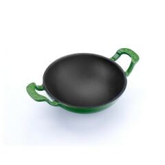 Lava Döküm Mini Wok Çap(Ø)16cm. Yekpare Kulplu Cam Kapaklı - Yeşil