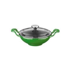 Lava Döküm Mini Wok Çap(Ø)16cm. Yekpare Kulplu Cam Kapaklı - Yeşil