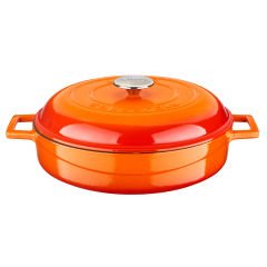 Lava Casting Mehrzweck-Flachtopf, Durchmesser (Ø) 28 cm. Gusseisen-Serie mit Kuppelform, abgedeckter Edition mit massivem Griff – Orange