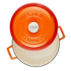 Lava Casting Mehrzweck-Flachtopf, Durchmesser (Ø) 28 cm. Gusseisen-Serie mit Kuppelform, abgedeckter Edition mit massivem Griff – Orange