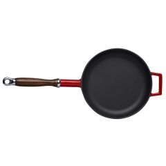 Lava Casting Round Frying Pan Diameter(Ø)24cm Cast Iron Wooden Handle. - Red