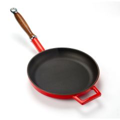 Lava Casting Round Frying Pan Diameter(Ø)24cm Cast Iron Wooden Handle. - Red