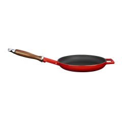 Lava Casting Round Frying Pan Diameter(Ø)24cm Cast Iron Wooden Handle. - Red