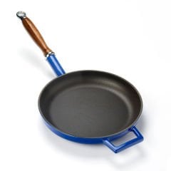 Lava Casting Round Frying Pan Diameter(Ø)24cm Cast Iron Wooden Handle. - Blue
