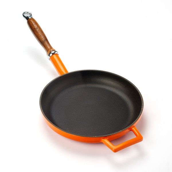 Lava Casting Round Frying Pan Diameter(Ø)24cm Cast Iron Wooden Handle. - Orange