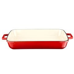 Lava Cast Rectangular Roast and Oven Tray Size 26x40cm. Cast Iron Solid Double Handle Edition Series - Red