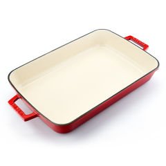 Lava Cast Rectangular Roast and Oven Tray Size 26x40cm. Cast Iron Solid Double Handle Edition Series - Red