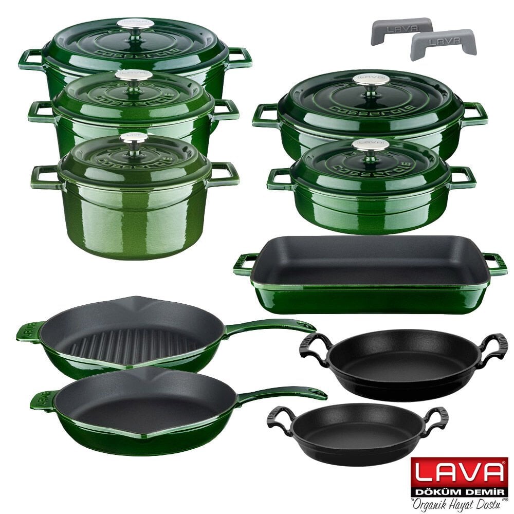 Lava Casting Majolica Green 10 Piece Pots and Pans Set with Silicone Handle and Wooden Spoon as Gift MAJOLICA GREEN