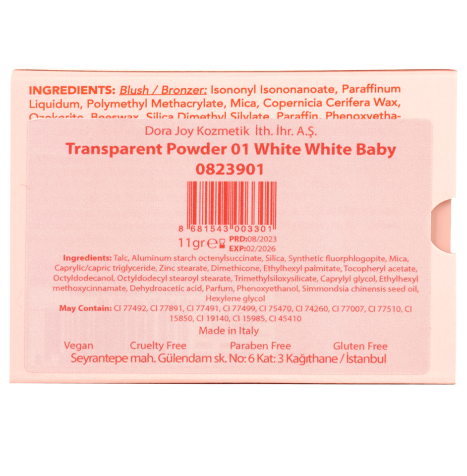 Mat Bitişli Makyaj Sabitleyici Transparan Pudra 01 White White Baby Transparent Powder Vegan E Vitaminli