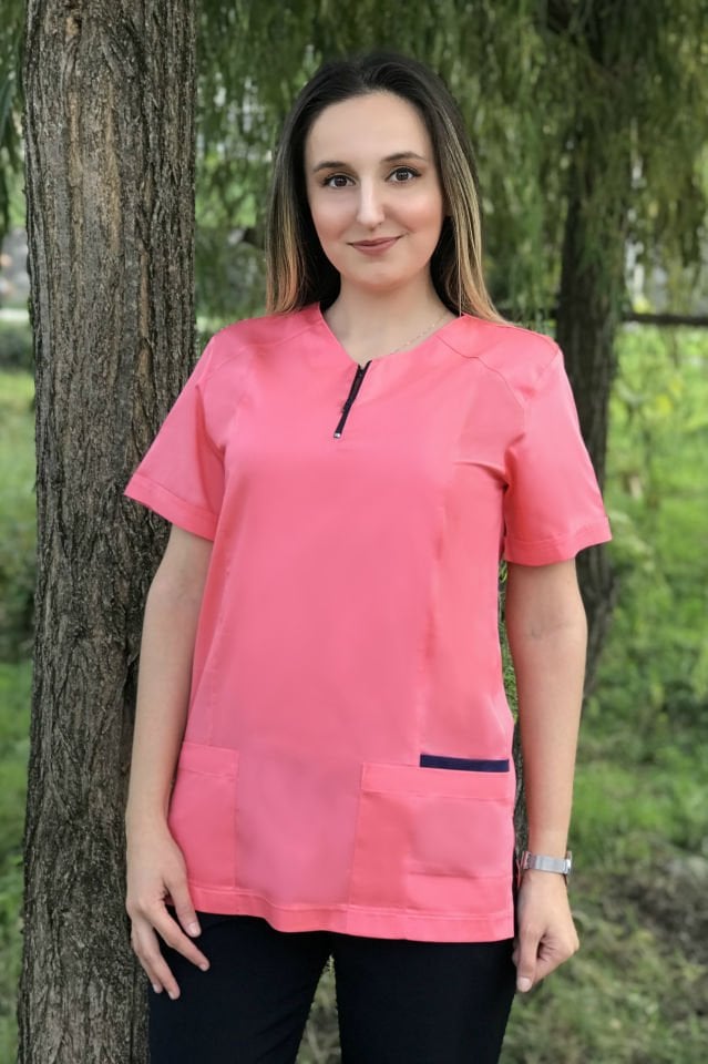 Kadın Grey Red Cep Garnili Mercan Cerrahi Tek Üst