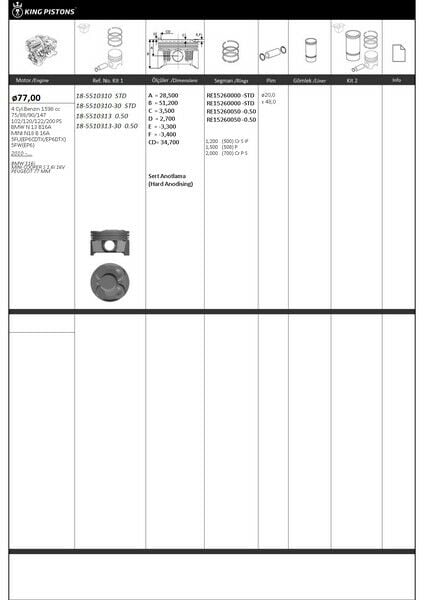 PISTON SEGMAN STD 77.00mm BMW N13 B16 F20 F30 MINI N18 R55 R56 R58 R59 R60 PEUGEOT 5FW EP6 5008 308 3008 207 CITROEN C3 C4-KINGPISTON 18-5510310-11257601181-11257584117-0628W4
