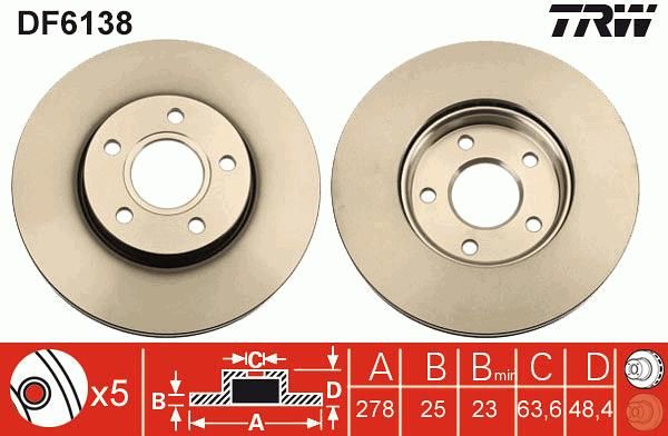 ON FREN AYNASI DISK FOCUS III 11 FOCUS II 04 11 C MAX 03 07 VOLVO C30 06 12 C70 II 06 13 S40 II 04 12 V50 05 12 278x25x5DLxHVLI-TRW-AV611125DB-1790221-31362411