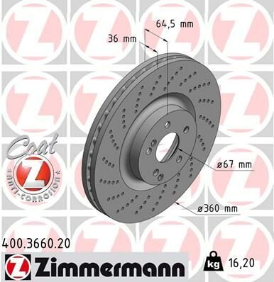 FREN DISKI ON MERCEDES AMG W204 W205 W212 W221-ZIMMERMANN 400.3660.20-A0004212012