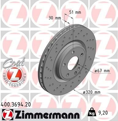 FREN DISKI ON MERCEDES W176 W246 C117 X117 X156-ZIMMERMANN 400.3694.20-A2464212712