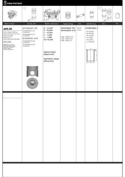PİSTON KİTİ 1 89 STD OPEL-RENAULT MASTER II 25 DCİ OPEL/MOVANO BOX MOVANO PLATFORM VİVARO BOX VİVA RO PLATFORM G9U EURO 3-720/724/730/750/754-KINGPISTON 18-3050290