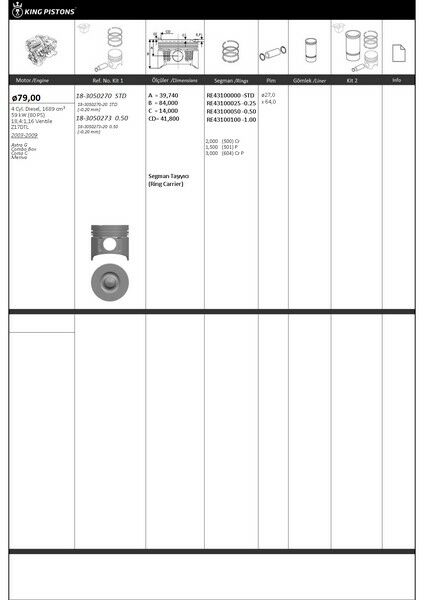 PİSTON KİTİ 1 79 0.50 OPEL ASTRA G COMBO BOX CORSA C MERİVA Z17DTL-KING-PISTON
