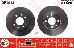 ÖN FREN AYNASI R9-R11-R19 CLIO I 91 CLIO II 98 MEGANE I 96 TWINGO 96 CLIO SYMBOL 00 LOGAN 06 SANDERO 08 238x12 4 DELİK-TRW DF1013-7701204282-7700704705
