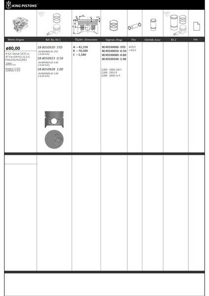 PİSTON KİTİ 1 80 1.00 RENAULT-DACIA KANGOO 1.9 D SOLENZA 1.9 D F8Q.630/632/662-KINGPISTON 18-8050928