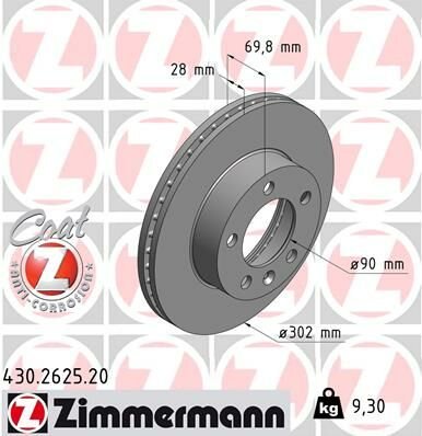 ÖN FREN AYNASI RENAULT MASTER III 10 OPEL MOVANO B 10 2.3dCi 302x28x5 5 DELİK HAVALI-ZIMMERMANN 430.2625.20-8200688880-93197403
