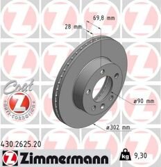 ÖN FREN AYNASI RENAULT MASTER III 10 OPEL MOVANO B 10 2.3dCi 302x28x5 5 DELİK HAVALI-ZIMMERMANN 430.2625.20-8200688880-93197403