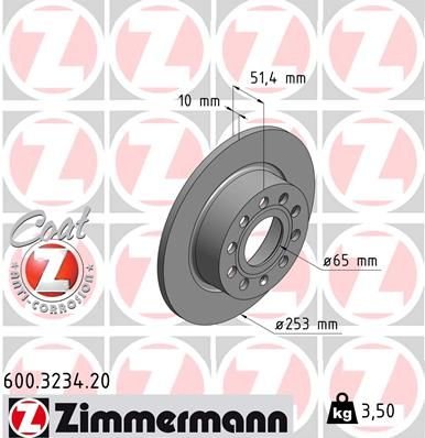 ARKA FREN AYNASI GOLF V-VI-OCTAVIA 04 TOLEDO III ALTEA 04 LEON 04 CADDY III A3 03 255x10x9DL 986479099-DF4276-ZIMMERMANN 600.3234.20-1K0615601K-1K0615601AB