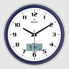 DUVAR SAATİ LACİVERT-GRİ ÇİZGİ ÇERÇEVELİ 35.5CM TAKVİMLİ TERMOMETRELİ HİGROMETRELİ ANALOG VE DİJİTAL GÖSTERGELİ AMERİKAN BRİSTOL KADRAN AKAR SANİYELİ MEKANİZ METALİK AKREP/YELOKOVAN/SANİYE MİNERAL CAM-SAAT T-1971-LG-SAAT T-1971-LG