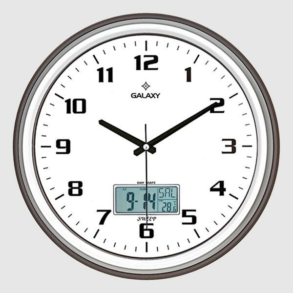 T-1971-FG DUVAR SAATİ KAHVE-GRİ ÇİZGİ ÇERÇEVELİ 35.5CM TAKVİMLİ TERMOMETRELİ HİGROMETRELİ ANALOG VE DİJİTAL GÖSTERGELİ AMERİKAN BRİSTOL KADRAN AKAR SANİYELİ MEKANİZ METALİK AKREP/YELOKOVAN/SANİYE-SAAT T-1971-KAG-SAAT T-1971-KAG