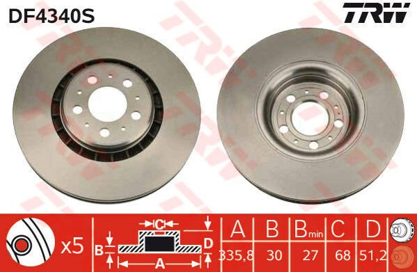ÖN FREN AYNASI HAVALI ADET VOLVO XC90 2.5T-D5-T6 2002-2014 17 JANT 335.8x30x5DLxHAVALI-TRW DF4340S-30657301-31262489