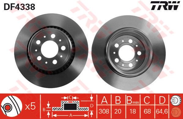 ARKA FREN AYNASI VOLVO XC90 2.5T-3.2AWD-D3-D5-T6 2002 2012 17 JANT 308x20x5DLxHAVALI-TRW DF4338-8624926-31423152