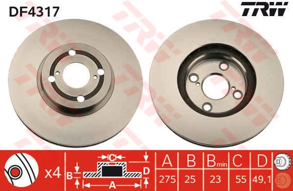 ÖN FREN AYNASI COROLLA 1.4 D-2.0 D E12 07/04 1.8 VVTL-İ TS 02 275x25x4DLxHAVALI-TRW DF4317-4351202080