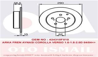 ARKA FREN AYNASI COROLLA VERSO 1.6-1.8-2.0D 04/04 290x10x5DL-TRW DF4446-424310F010
