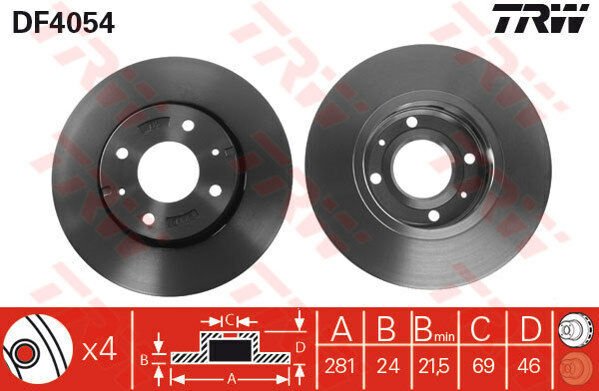 ÖN FREN AYNASI CARISMA 95/6.06 VOLVO S40 1.6 1.8 1.9 2.0 T 95/04 V40 95-04 281x24x4DLxHAVALI-TRW DF4054-30818027-M818027